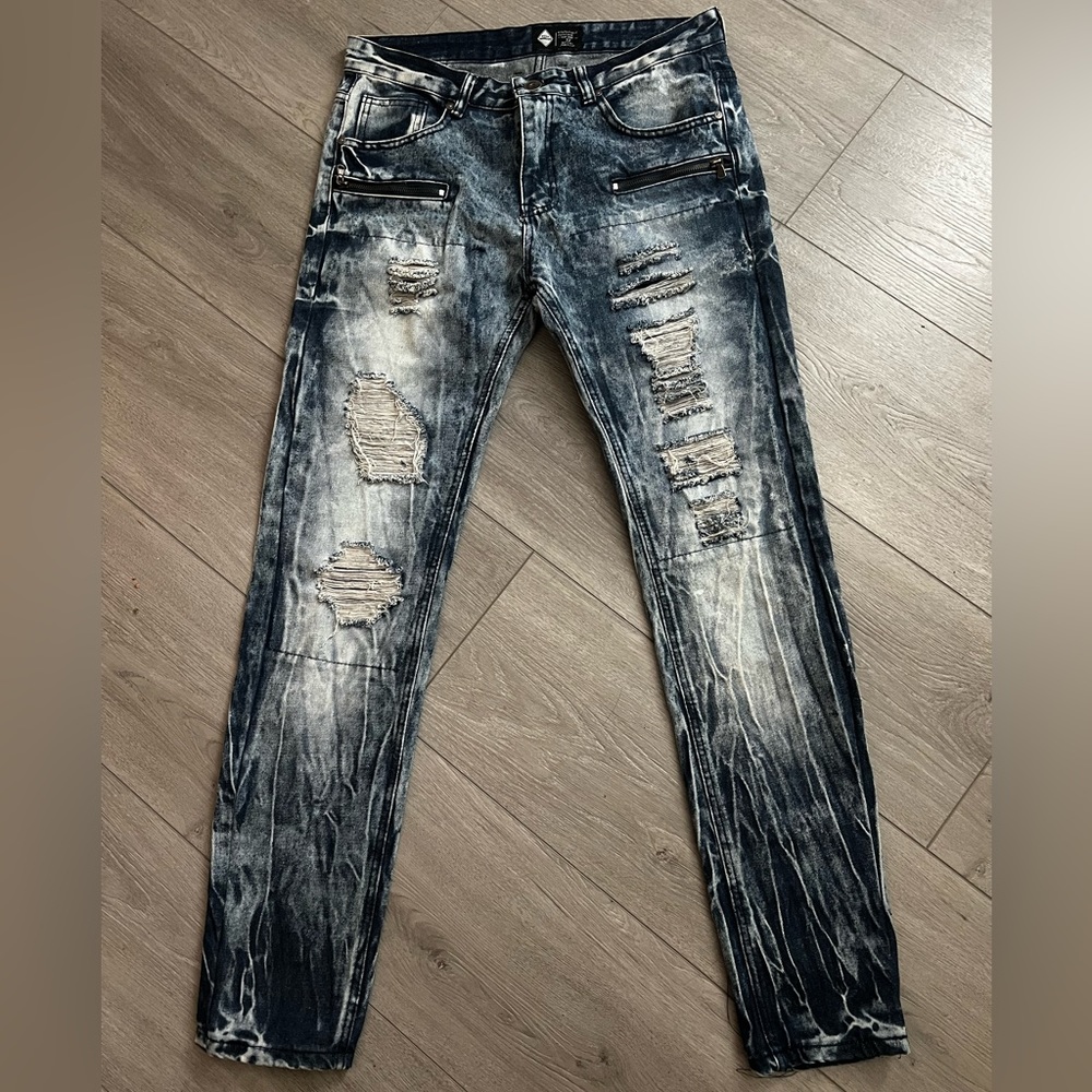 Men’s Denim Ripped Blue Jeans with Zippers